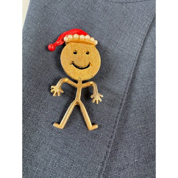 Gold-Toned Stick Figure Brooch With Enamel Santa Hat & Faux Pearl Trim - Picture 4 of 16